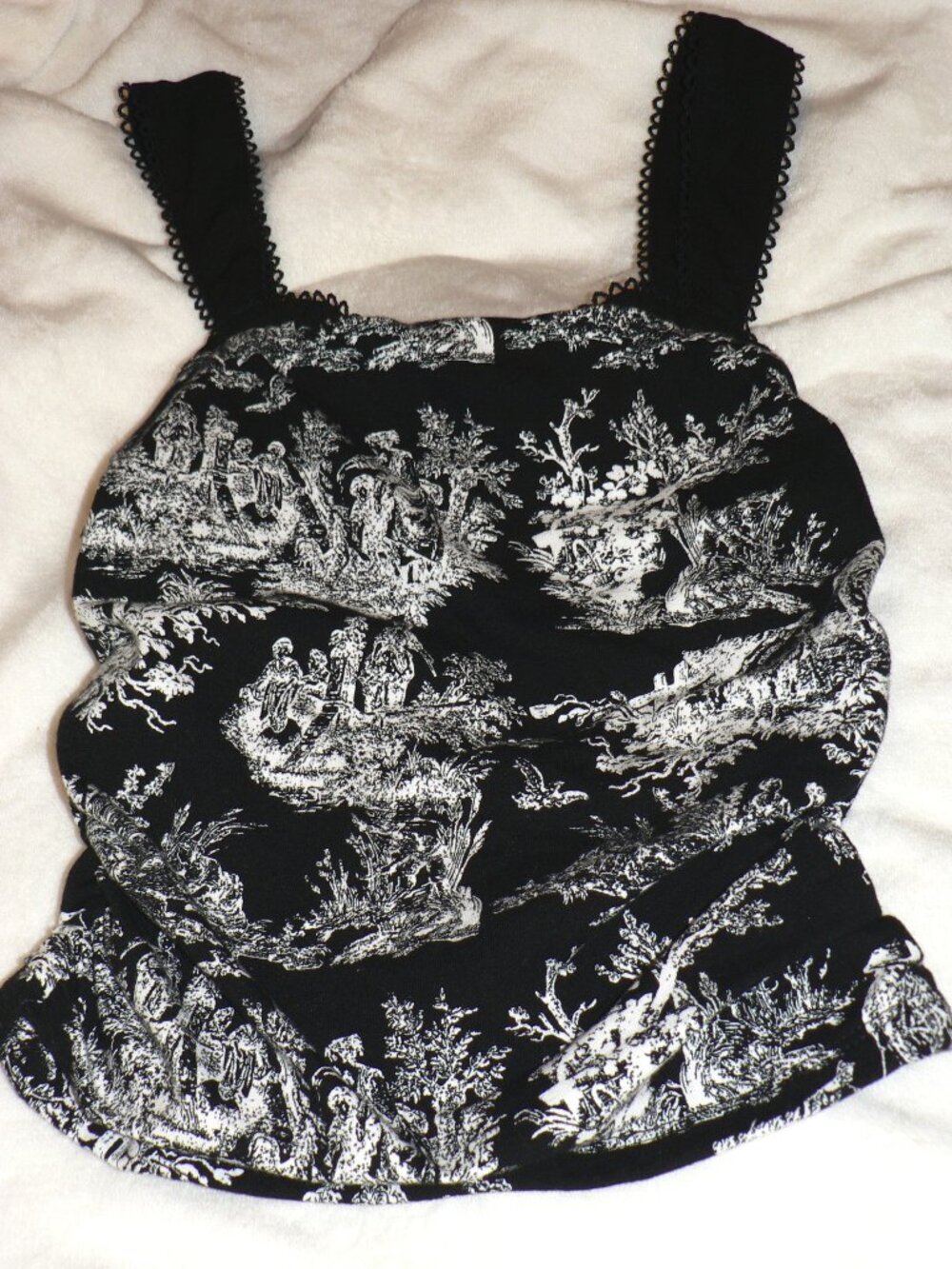 Vintage Y2K Toile Print Lace Trim Black White Whimsygoth Tank Top NWT